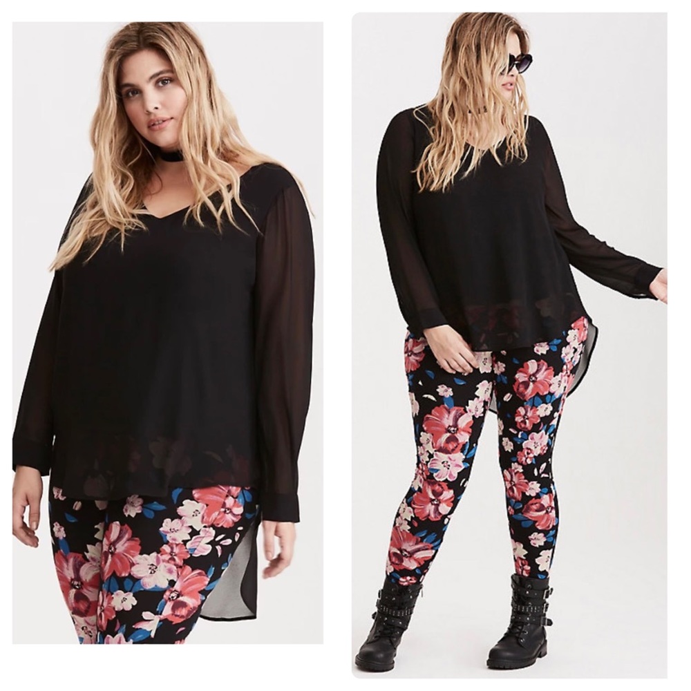 Torrid Black Pullover Chiffon V Neck Blouse Hi Low Top M/L.